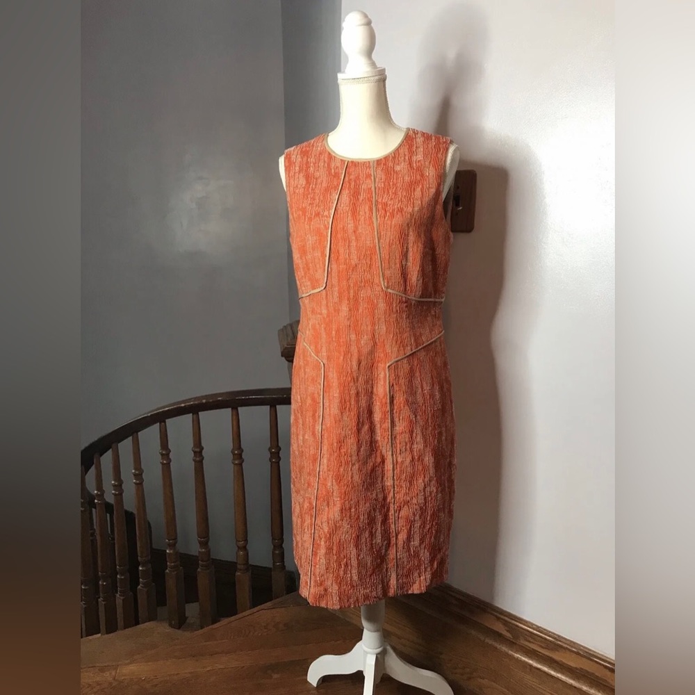 Ann Klein Bright Orange Formal Event Textured Sleeveless Midi Length Dress Sz 14